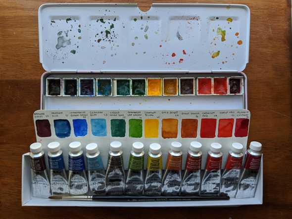 Self-made watercolor palette and tubes